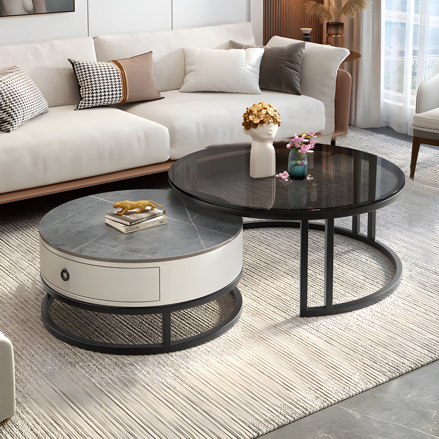 Modern Glass Coffee Cocktail Table Round Nesting Coffee Table Set - image 4