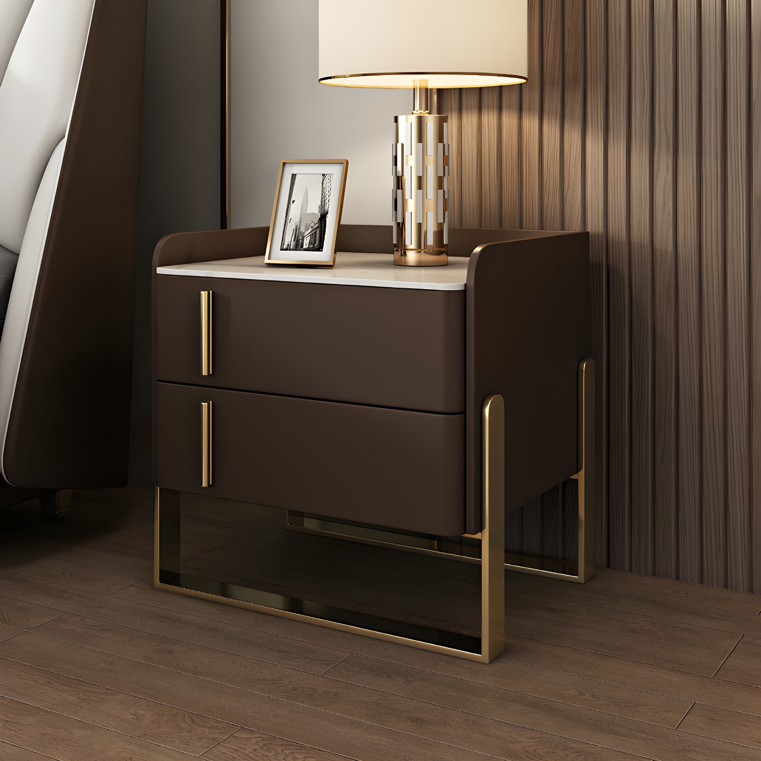 Glam Nightstand with 2 Drawer 20-inch Tall Leather Night Table - image 6