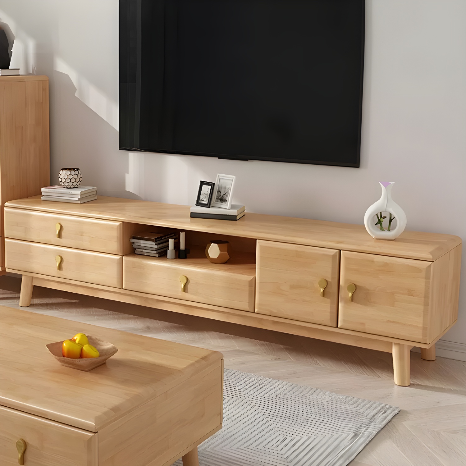 Scandinavian with Drawers Rubberwood with Cabinet TV Media Console - image 6