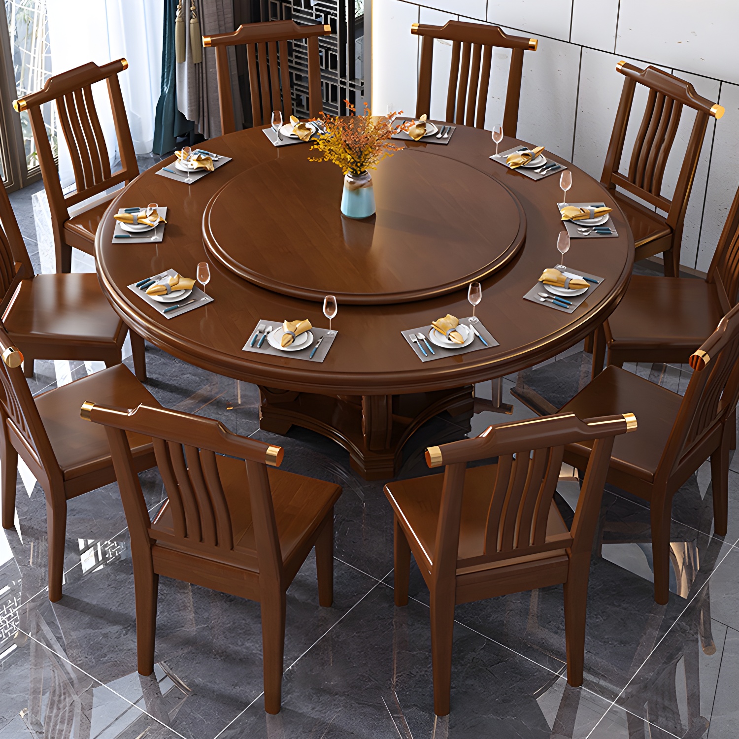 Round Solid Wood Dining Table Modern Turntable Furniture with Pedestal Base - image 17