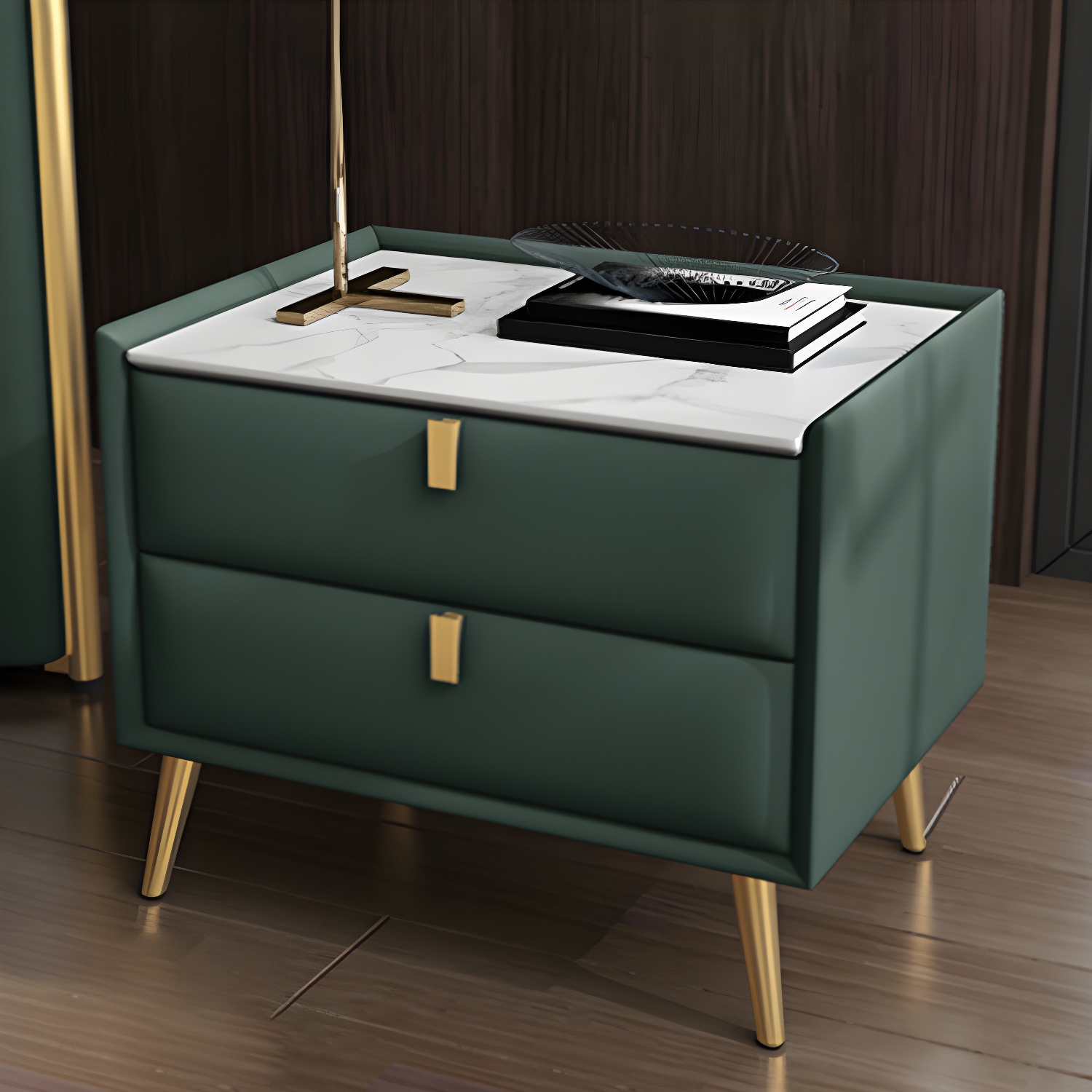 Solid Wood Bedside Table, Modern 2 - Drawer Stone Top Nightstand - image 2