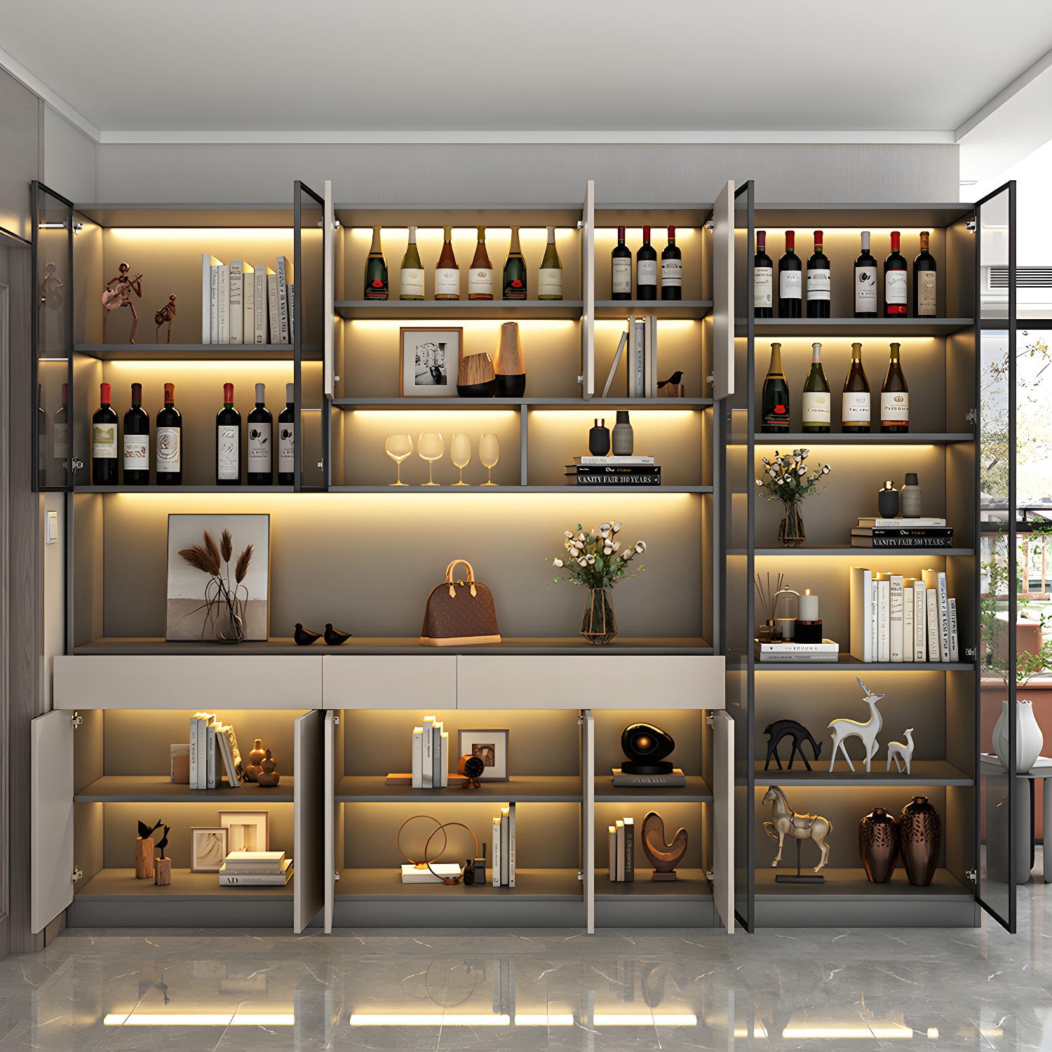 Accent Cabinet Rectangle Contemporary Glass Wood with Shelves - image 3