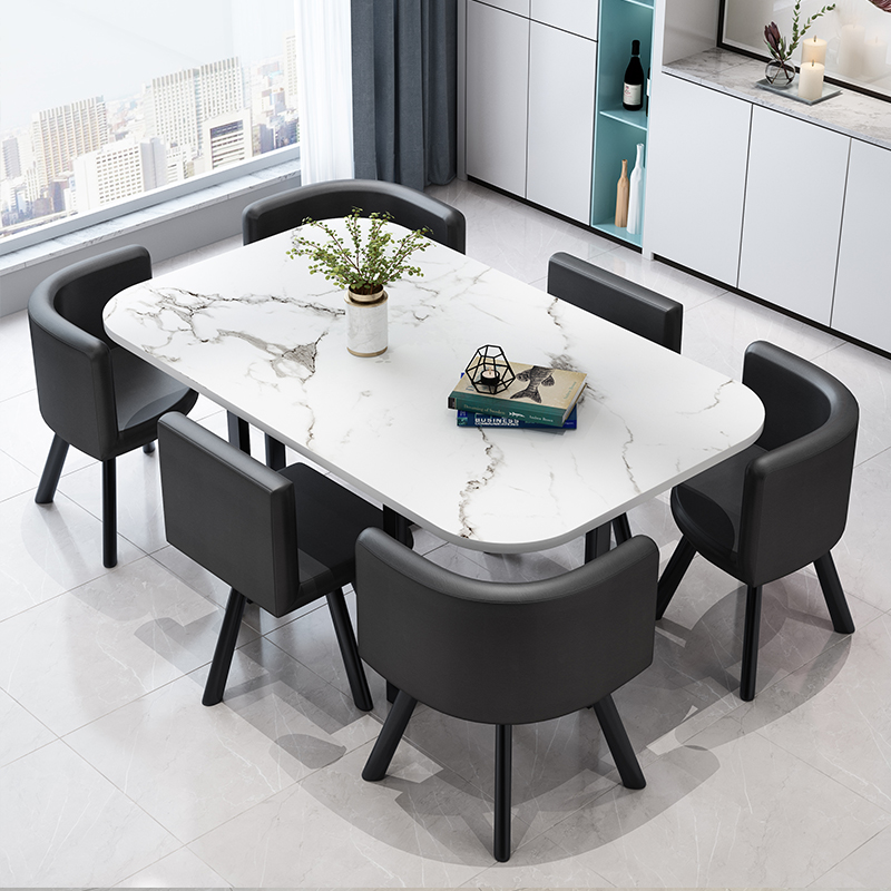 Rectangular Dining Table Set with Slate Stone Top, 4 Legs, Padded Chair, Back, 7 Piece Set in White