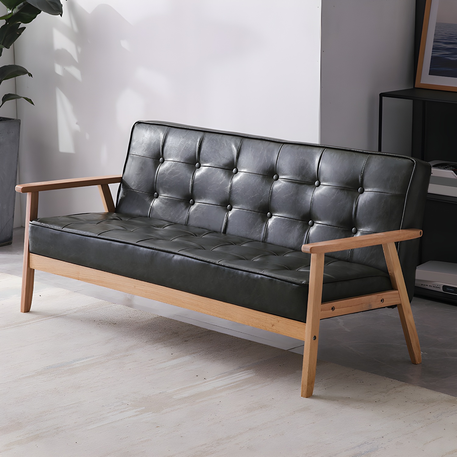 Mid-Century Modern Pine Wood Sofa with Tufted Back and Single Cushion Design - image 3