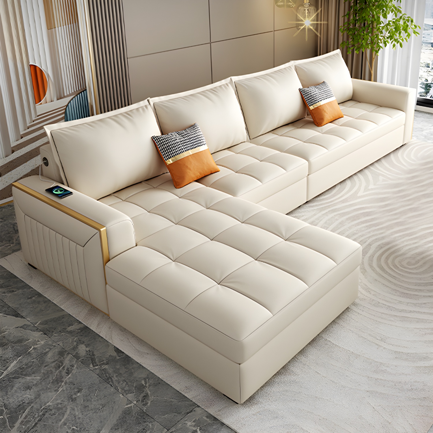 White Modern Sofa Bed with Storage USB Charging Convertible Sectional - image 3