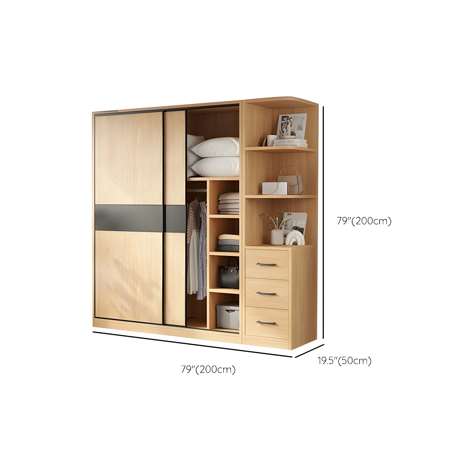Light Wood Wardrobe Armoire with Sliding Doors, Clothing Rod, and Soft-Close Drawers - image 20