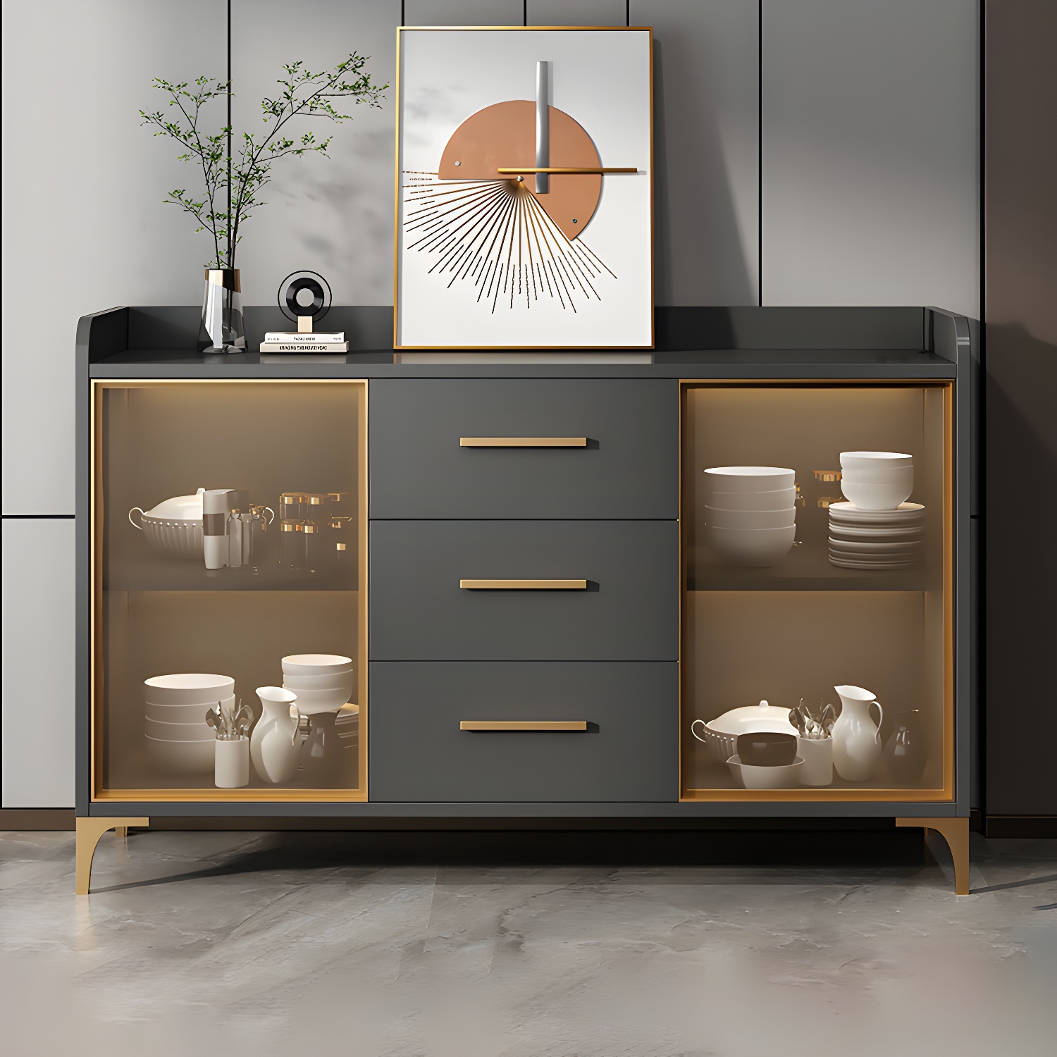 Glam Style Sideboard Wood Glass Doors Side Board with Cabinets and Drawers without Light - image 4