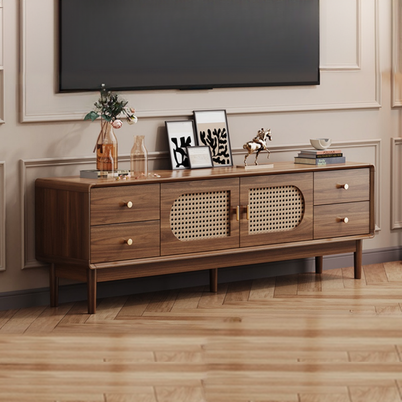 Solid+Engineered Wood TV Stand with 4 Drawers, 2 Cabinets, Cable Management, and Variable Shelf