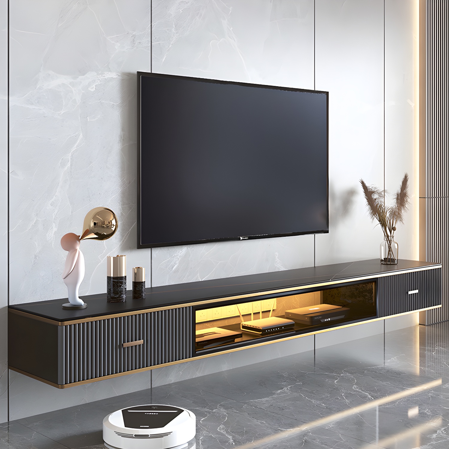 2 Drawers Contemporary TV Stand Stone Wall-mounted TV Cabinet - image 14