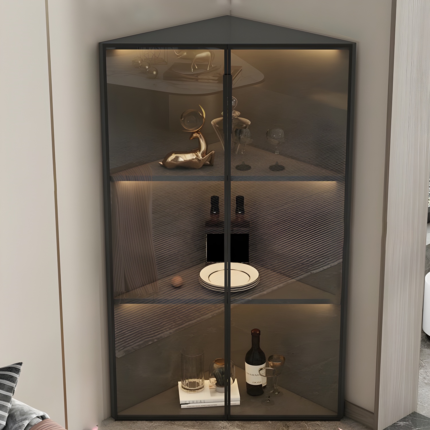 Wood Glass Paned Modern Corner Accent Cabinet for Living Room