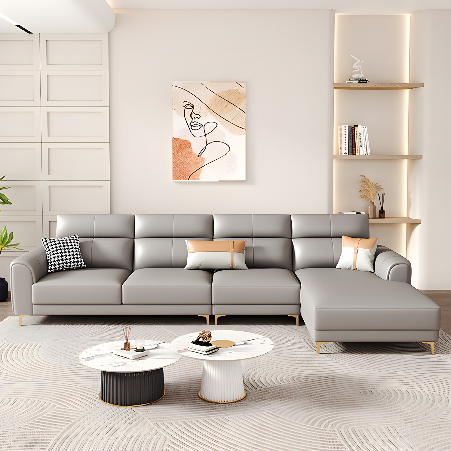 Modern Gray Faux Leather Sectional Sofa with Pillow Top Arms and Wood Frame