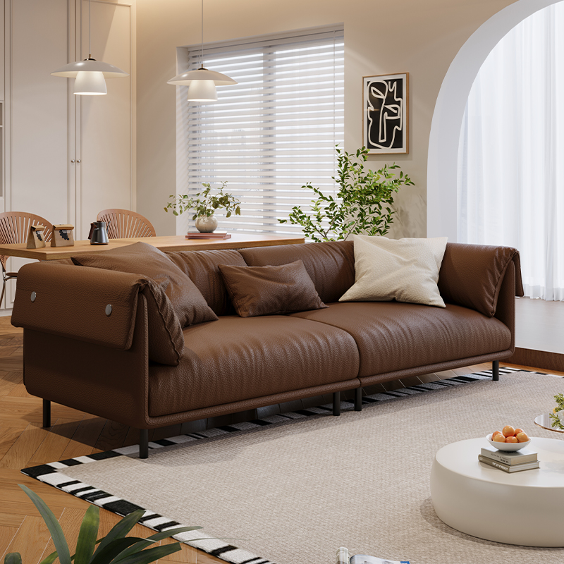 Drawing Room Standard Sofa in Genuine Leather/Flannel with White/Cerulean/Tan Upholstery, Armrest, and 3 Pillows - image 3