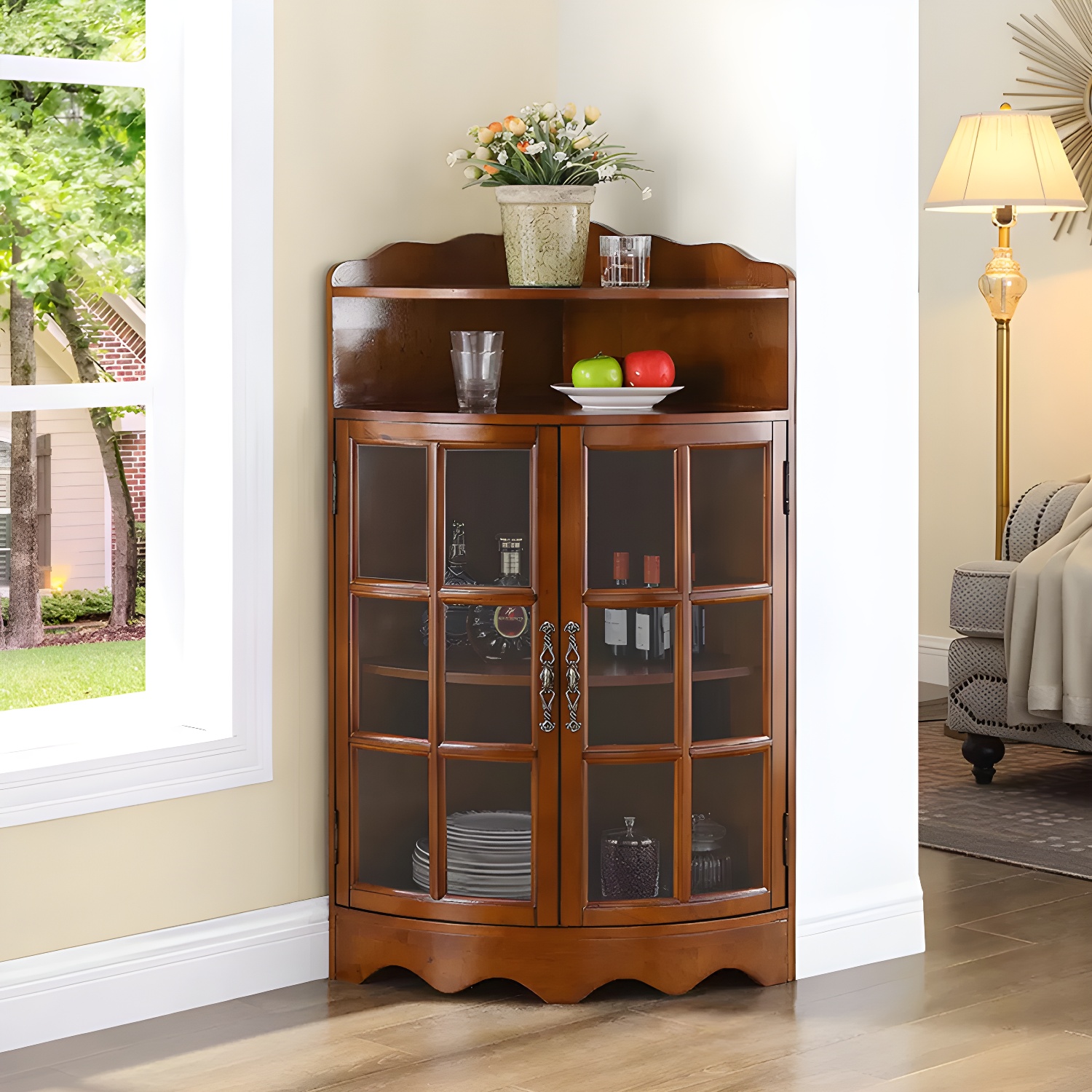 Corner Mid-Century Modern Accent Cabinet with Wood Countertop and Glass Doors