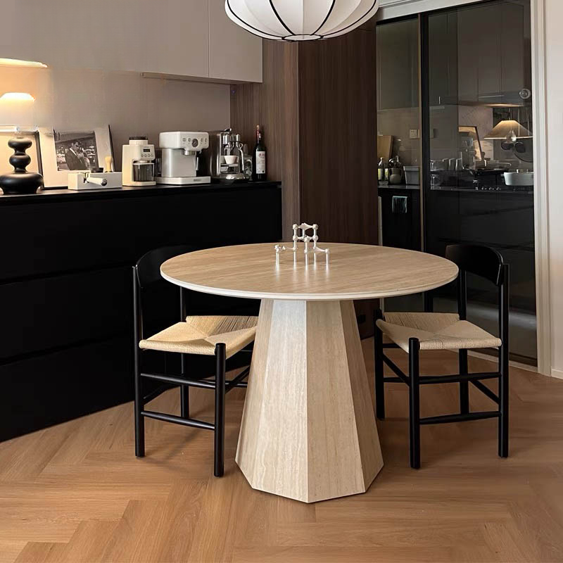 Retro Rounded Slate Dining Table Set with Stump Base, Fixed Mechanism, Unfinished Top