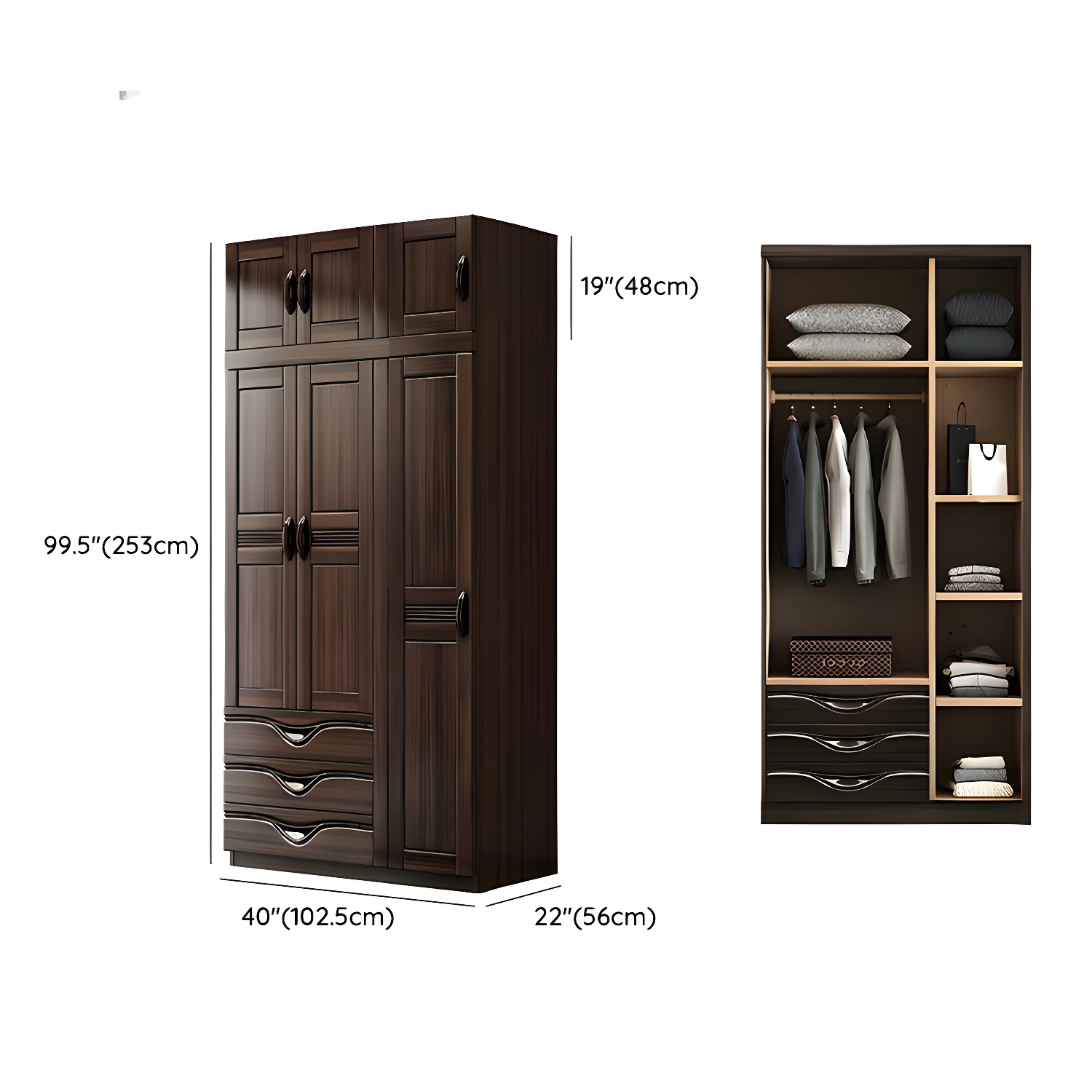 Traditional Black-brown Storage Wood Wardrobe with Clothing Rod and Shelves - image 17