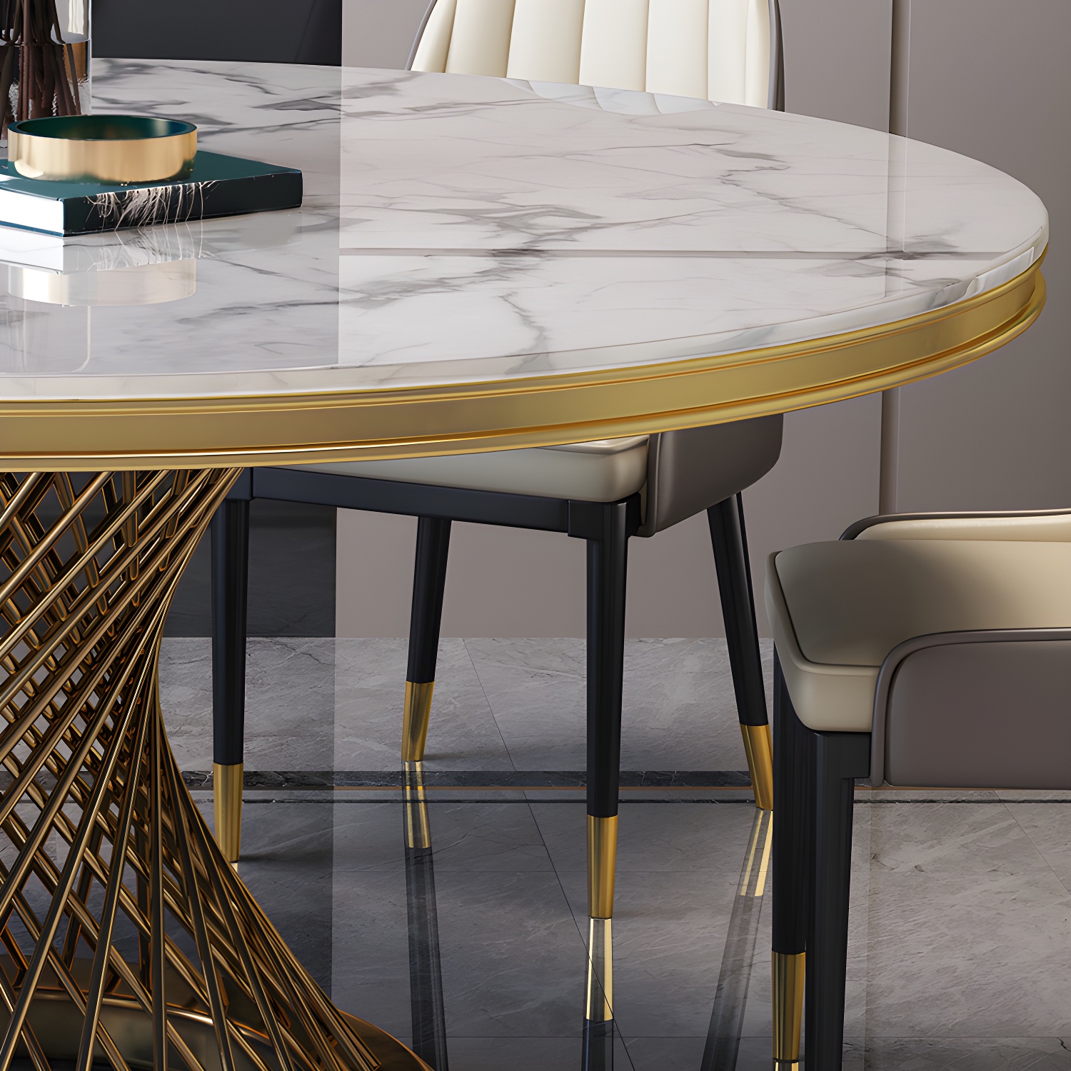 Glam Round Marble Dining Set with Gold Metal Pedestal Base - Fixed Table in White - image 8