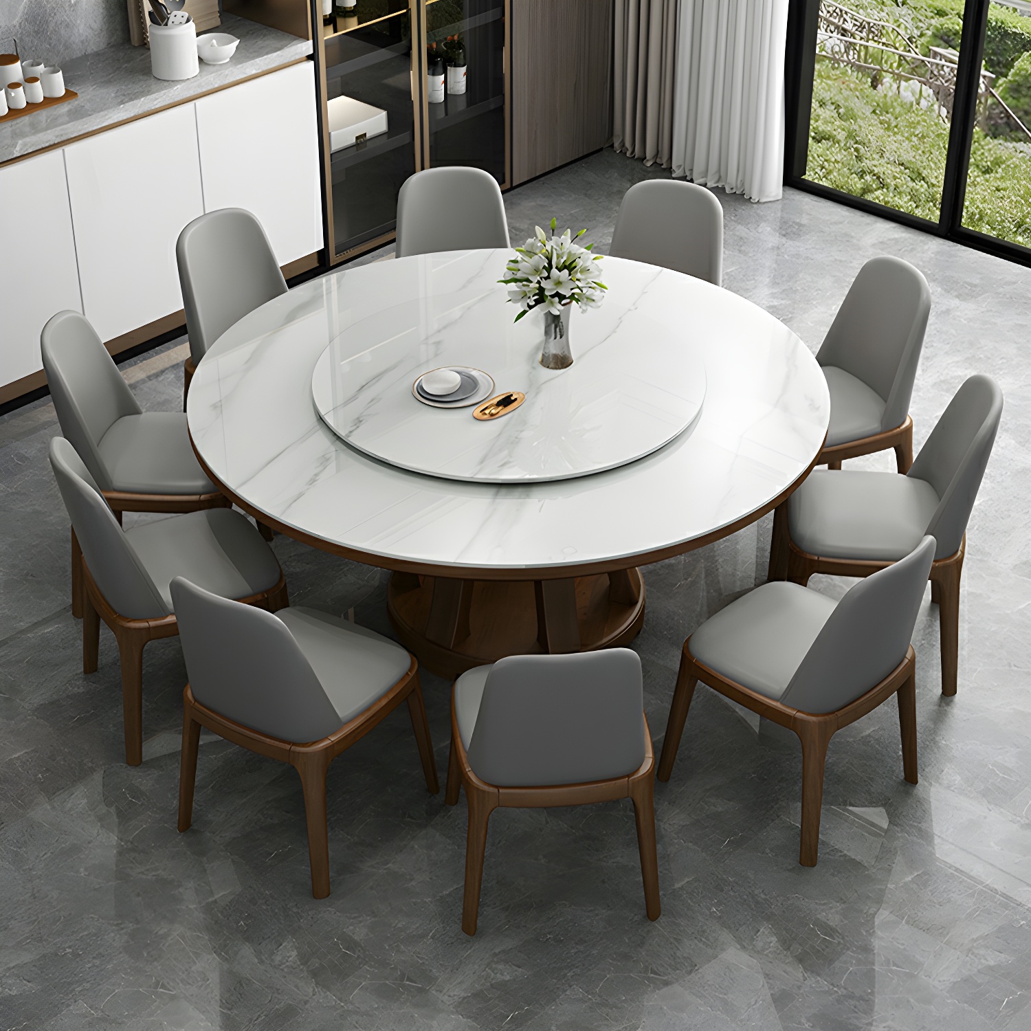 Modern Wood Dining Table Set with White Table top and Solid Wood Brown Base - image 4
