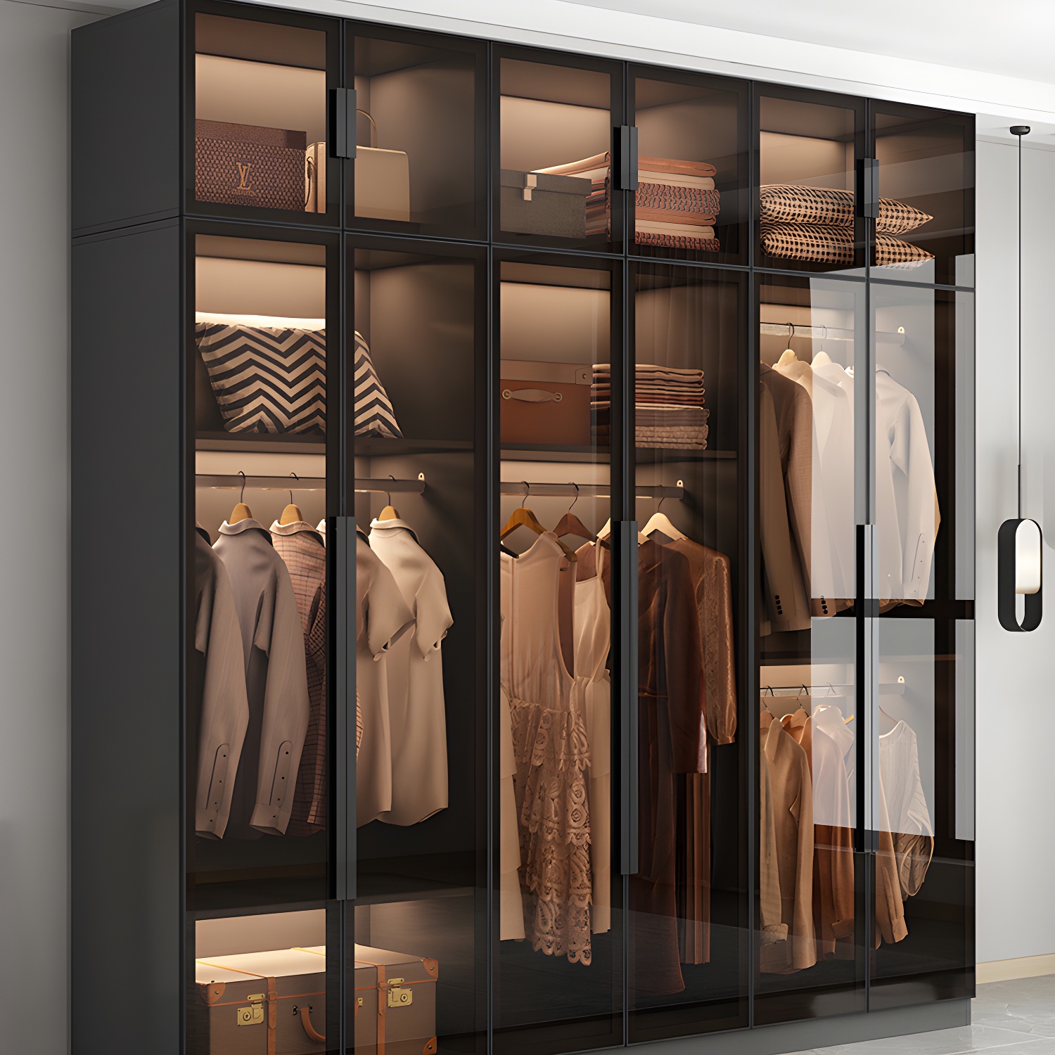 Modern Wooden Frame Wardrobe Freestanding Multifunctional Wardrobe Tempered Glass Doors - image 10