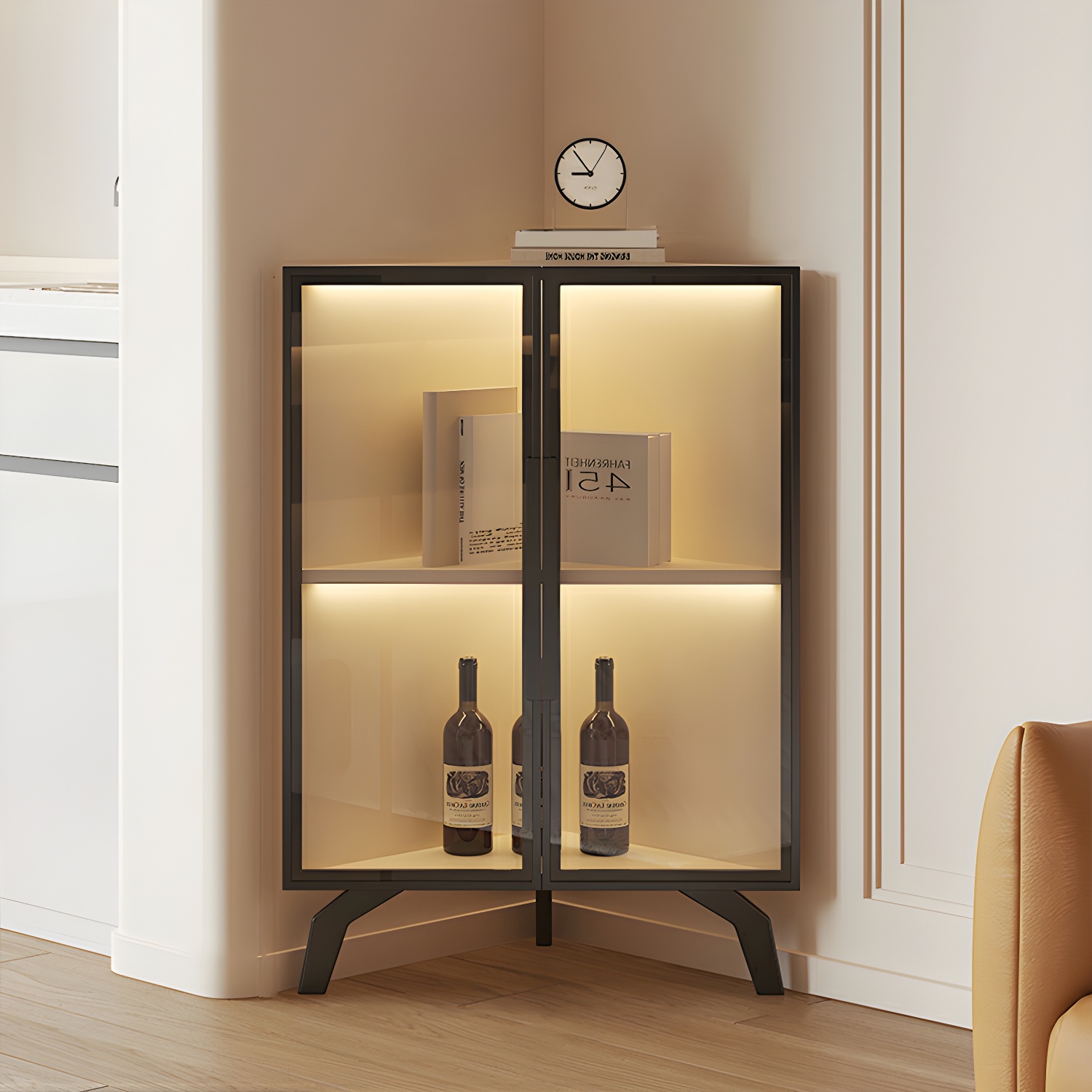 Modern Corner Glass Door Accent Cabinet with Black Metal Base