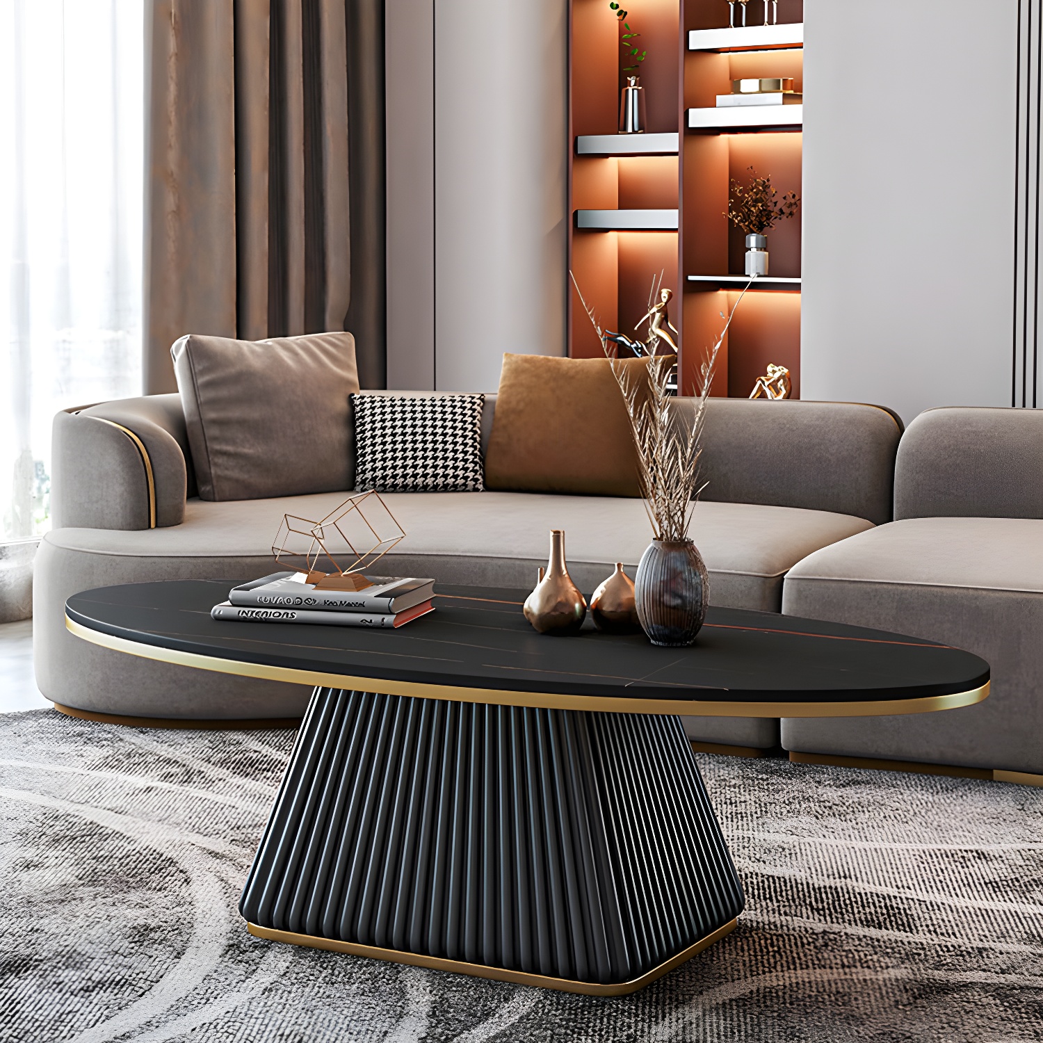 Glam Metal and Slate Cocktail Table Pedestal Coffee Table for Living Room - image 6