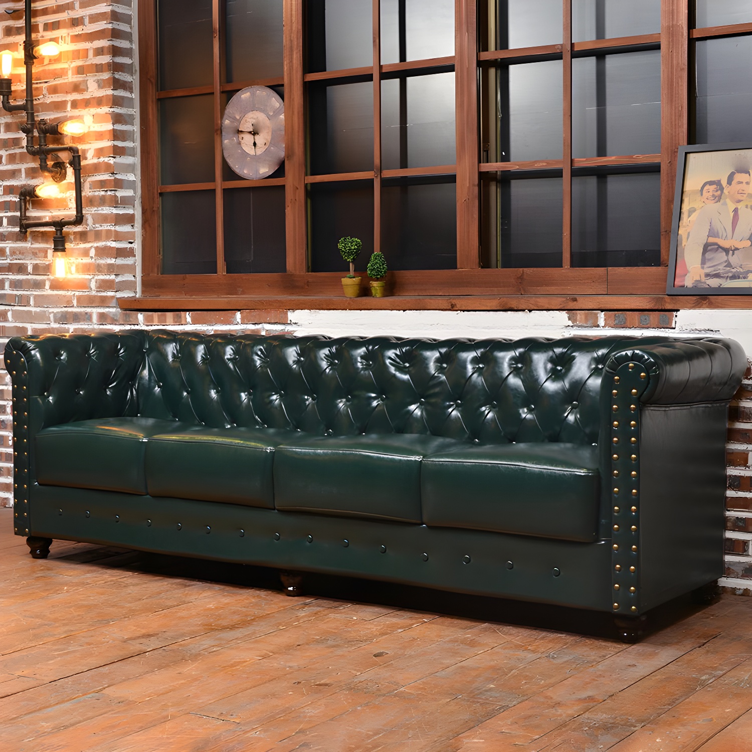 Vintage Leather Chesterfield Sofa 29.53"High Rolled Arm Sofa for Cafe - image 3