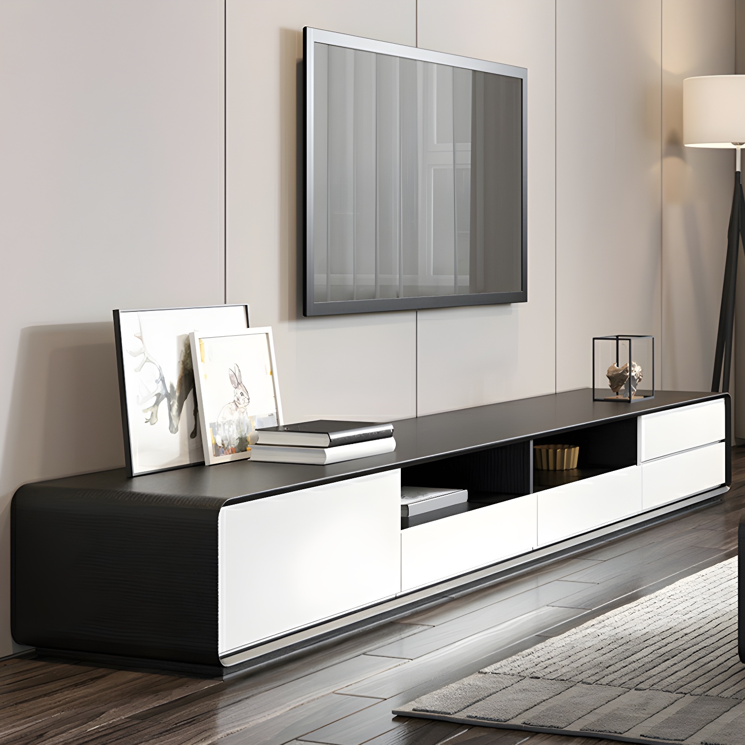 Scandinavian Wood TV Stand with Drawers and Cabinet for Long TVs - Cable Management Included - image 2