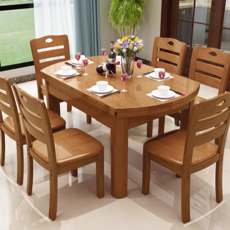 Dining Table Set with Rounded Wood Slab Top, 4 Legs, Drop Leaf, Back Seat, in White/Auburn/Amber Color - image 5