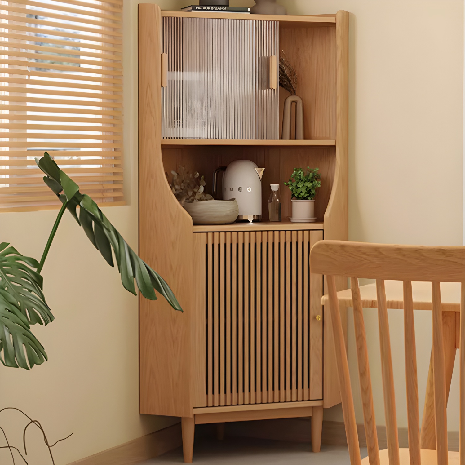 Corner Scandinavian Accent Cabinet with Wood Counter Top and Glass Doors, 2 Exterior Shelves - image 16