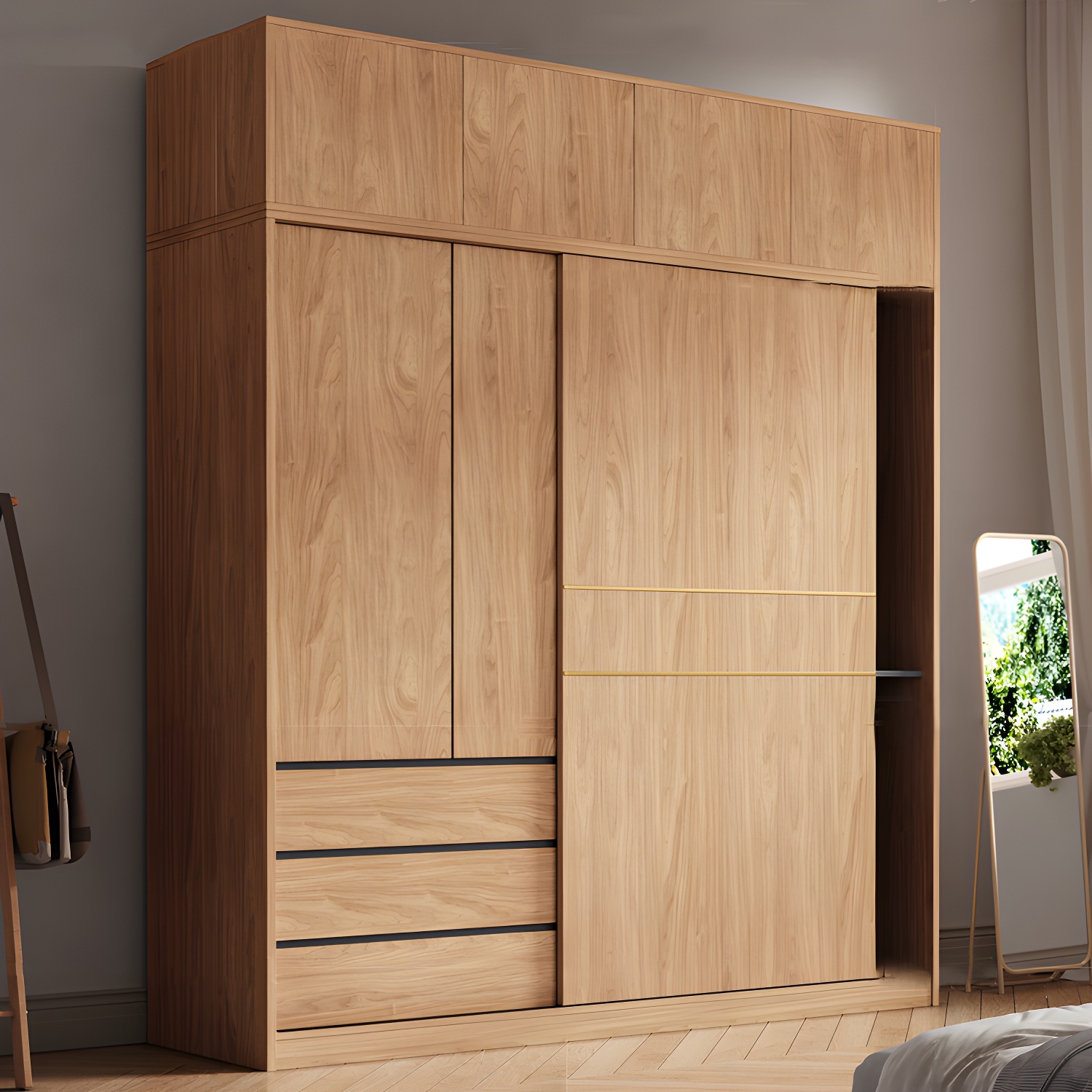 Contemporary Wood Wardrobe Armoire Freestanding Adjustable Shelves Wardrobe with Drawers - image 3