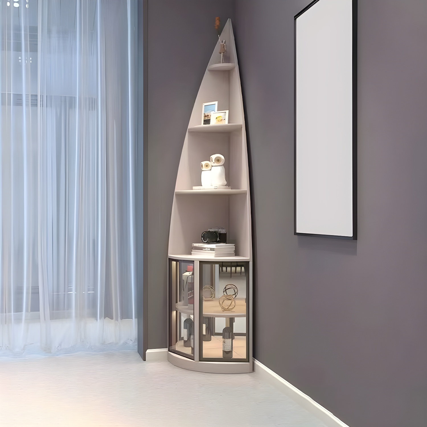 Corner Modern Cabinet with Wood Counter Top and 4 Exterior Shelves