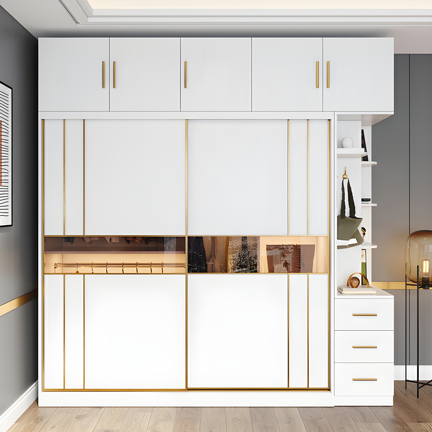 Modern White Wardrobe Armoire with Mirror, Drawers & Clothing Rod