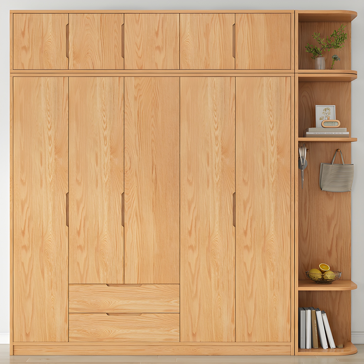Modern Natural Wood Wardrobe Armoire with Sliding Doors, Drawers, and Shelves - image 10