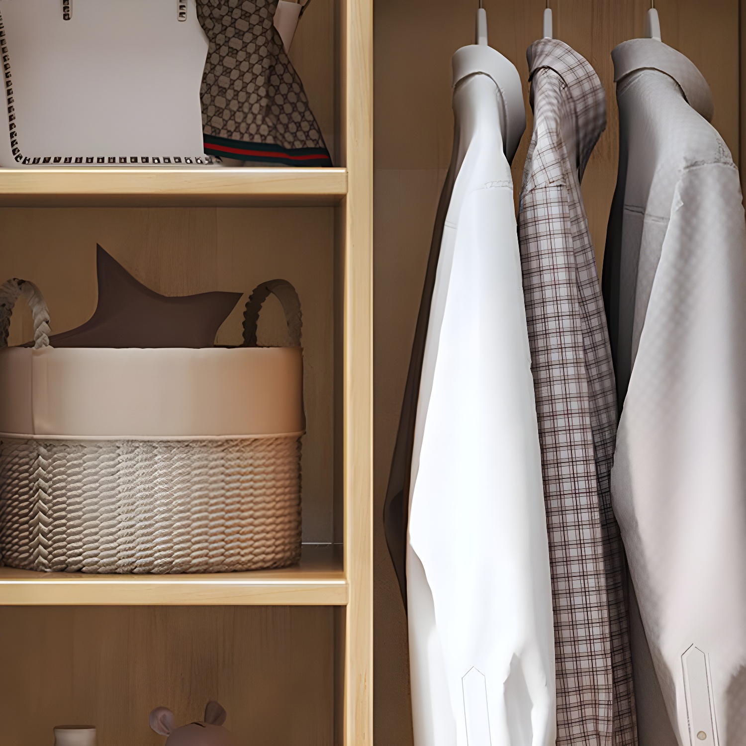 Scandinavian Natural Wood Wardrobe with Clothing Rod and Shelves for Bedroom - image 10