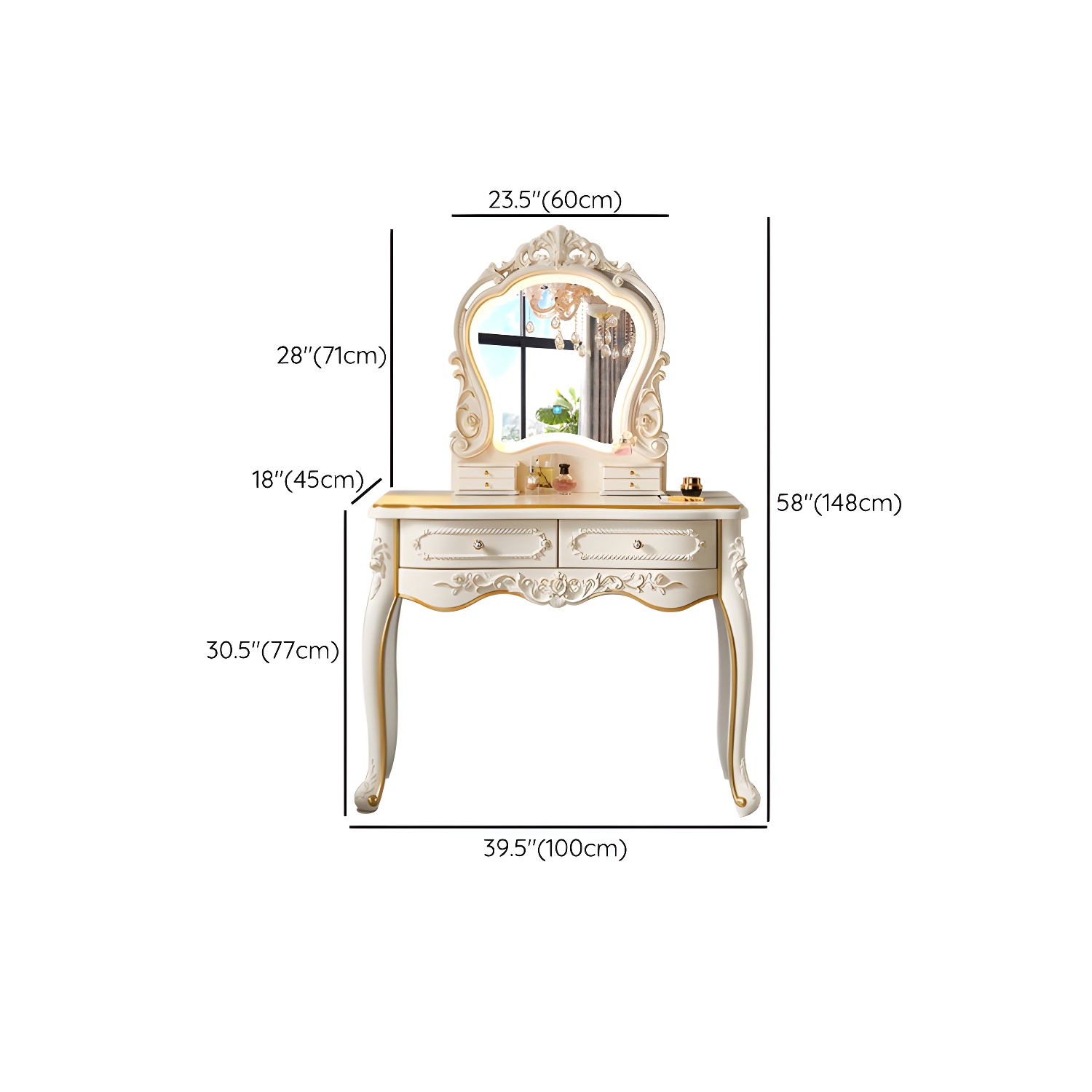 White Victorian Wood Vanity Dressing Table with Drawers Mirrored Makeup Vanity - image 16