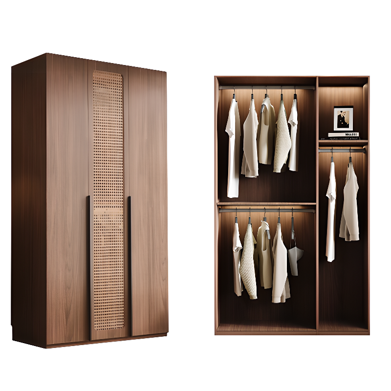 Cocoa Minimalist Pine Wood Wardrobe Closet with Soft Close Drawer, Soft Close Door, Interior Shelves, and Clothing Rod