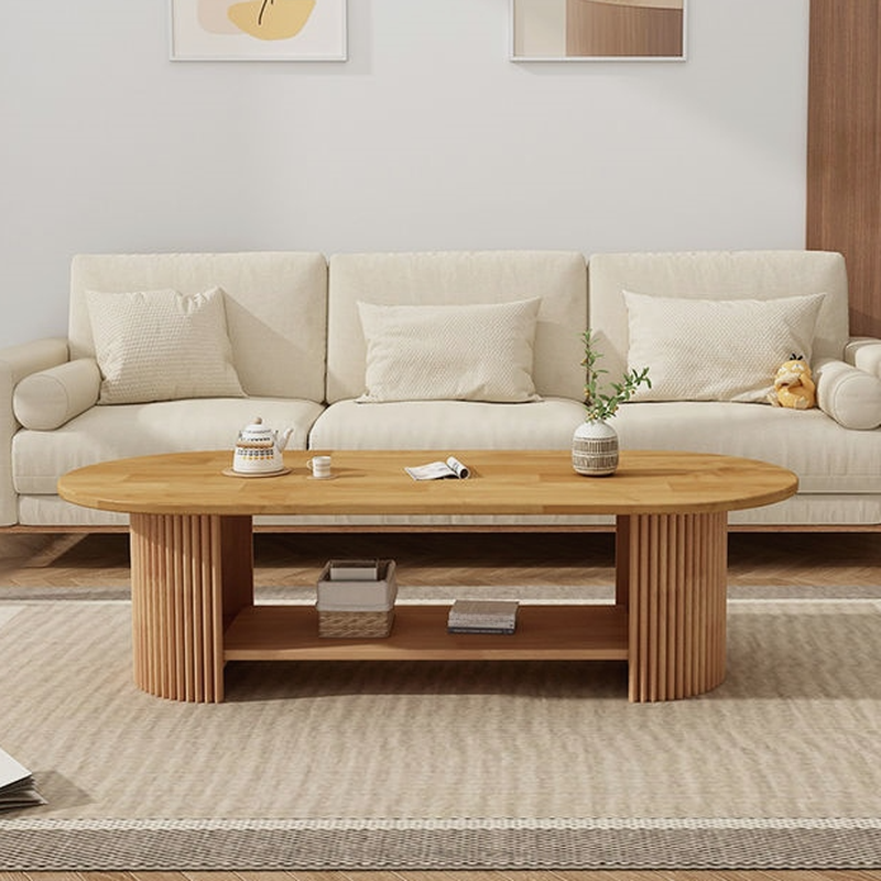 Oval Natural Wood Coffee Table with Twin Support Base, Repository, and 1 Shelf