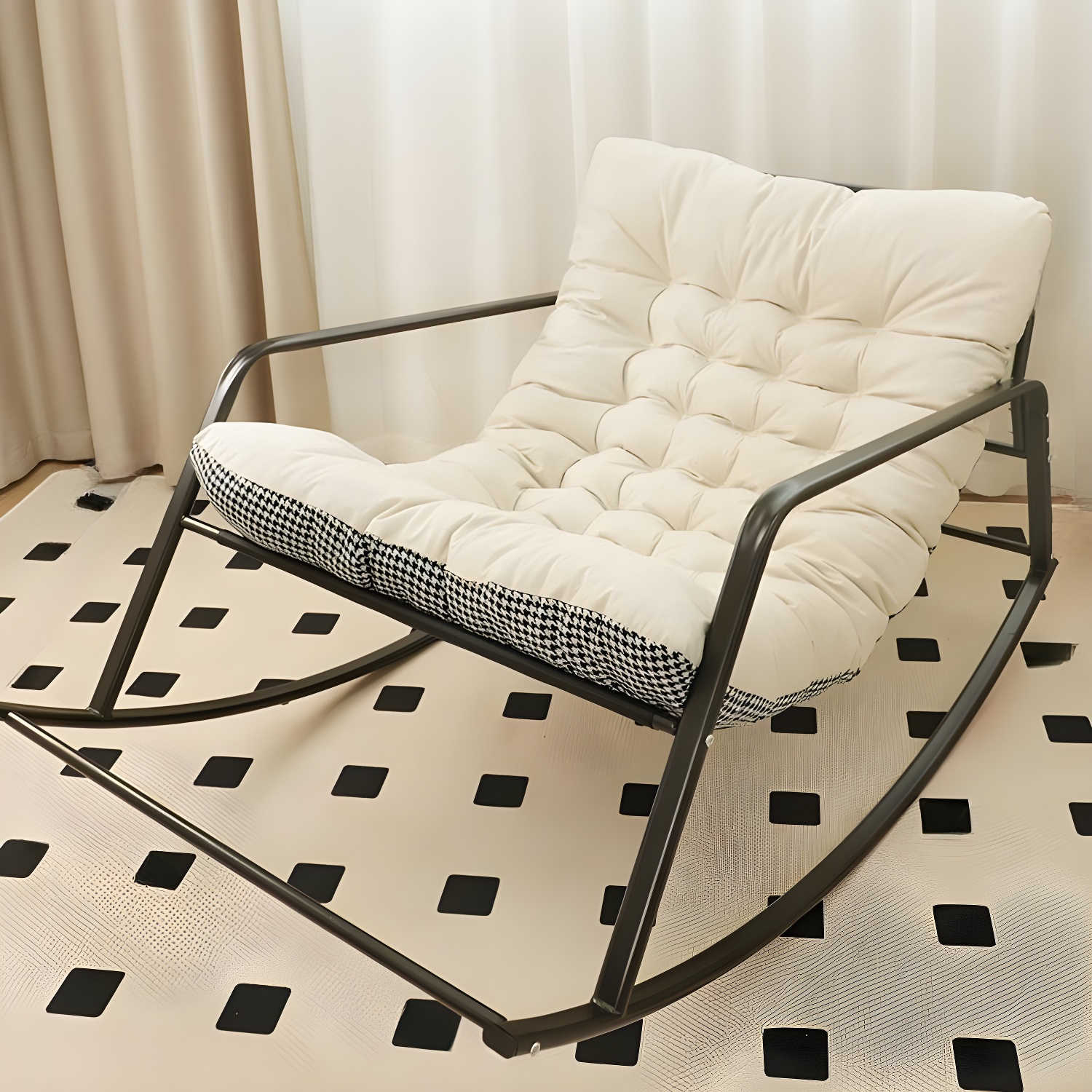 Modern Indoor Rocking Chair with Track Arms, Spindle Back and Metal Legs
