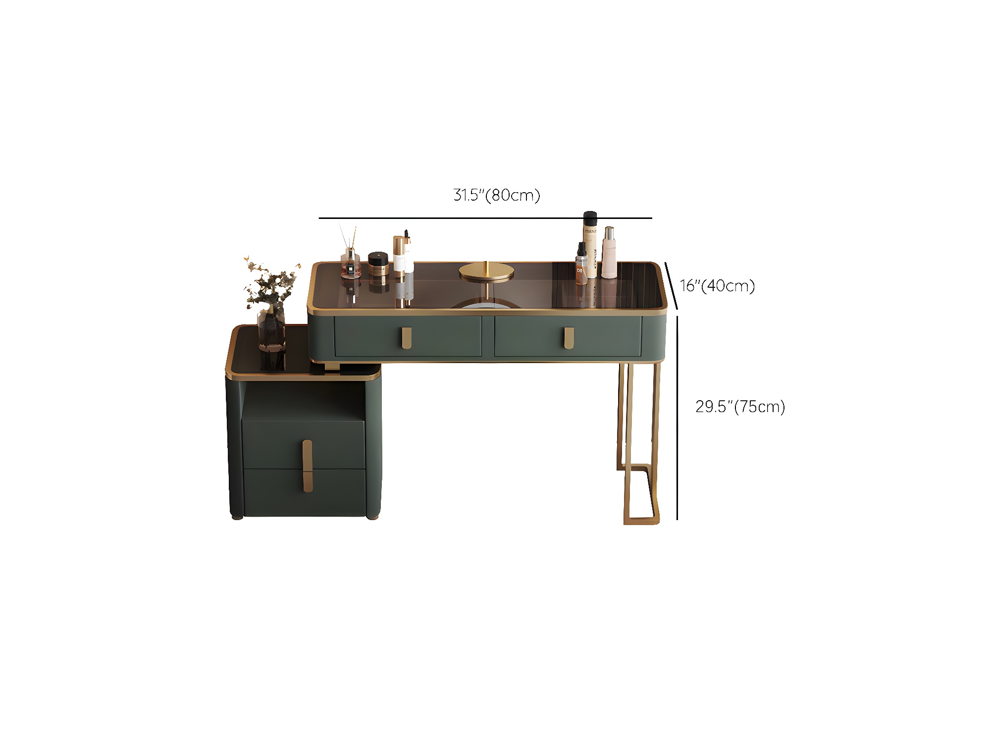 Glass Top Dressing Table Solid Wood Green Make-up Vanity with Drawers - image 21