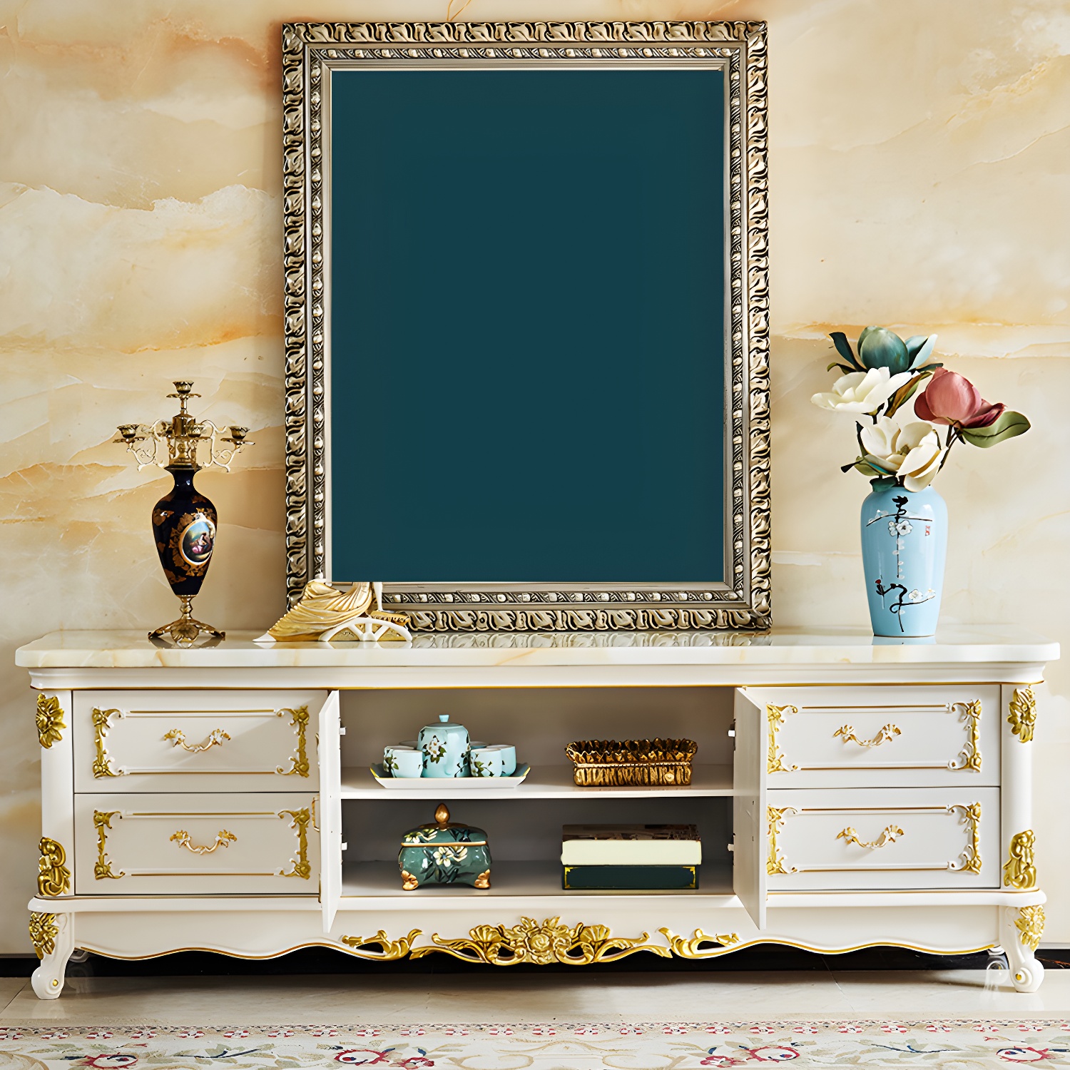 4 Drawers Contemporary Media Console Wood White TV Stand Console - image 3