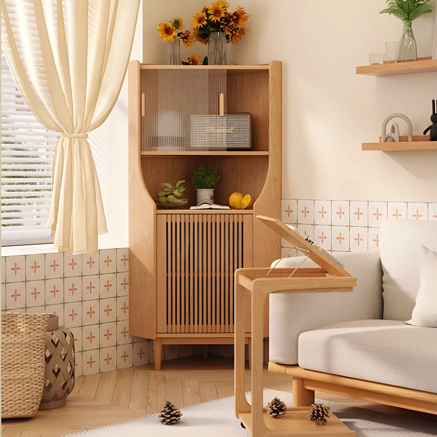 Corner Scandinavian Accent Cabinet with Wood Counter Top and Glass Doors, 2 Exterior Shelves - image 15