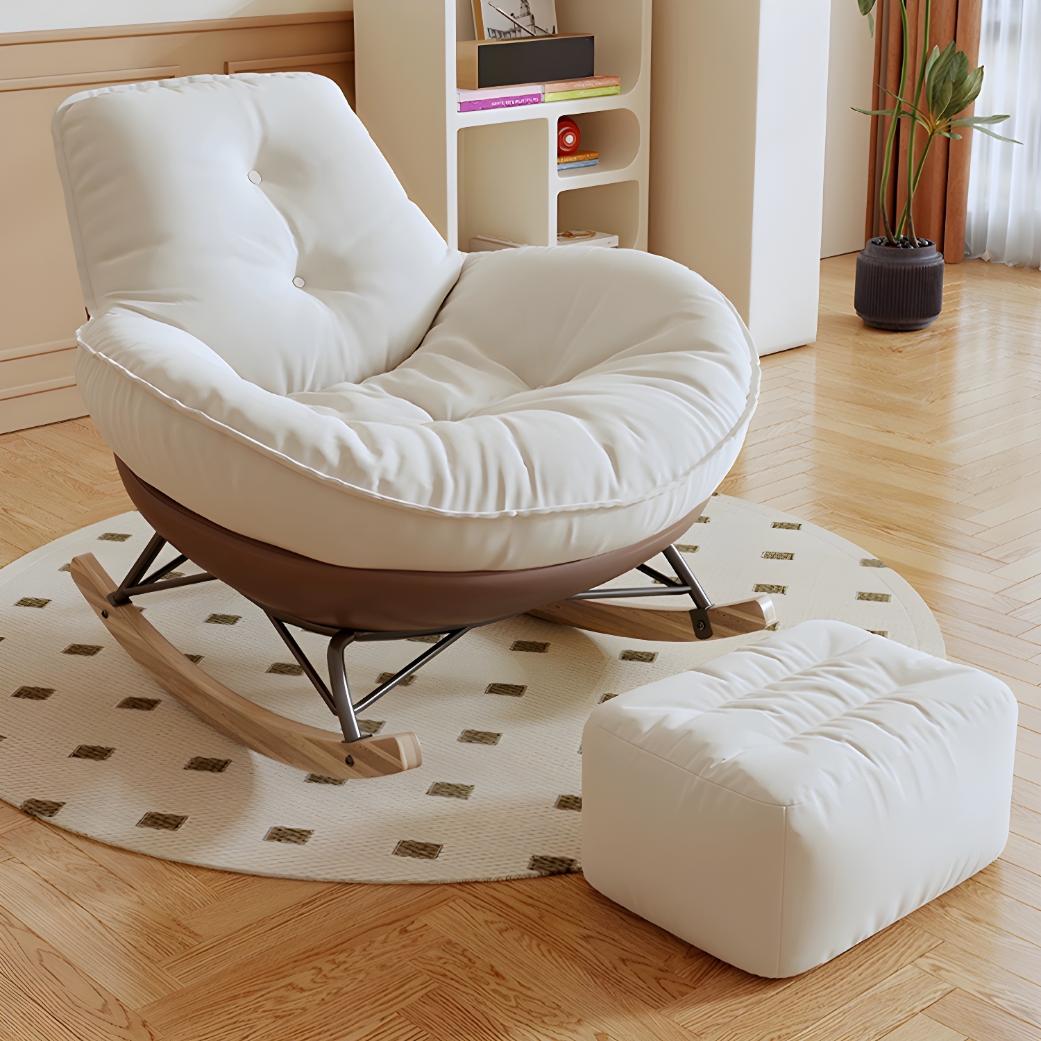 Indoor Contemporary Rocking Chair with Beige Upholstered and Wood Legs - image 14