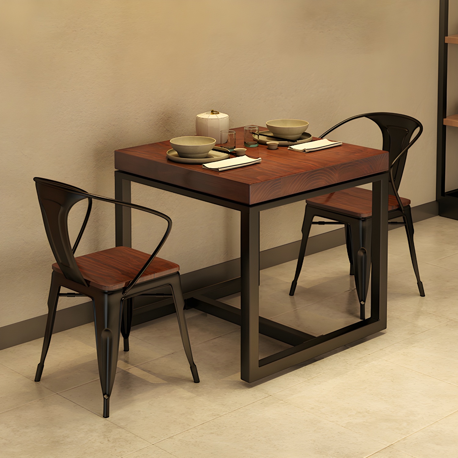 Solid Wood Top Dining Table Industrial Square Black Iron Trestle Base Table - image 10