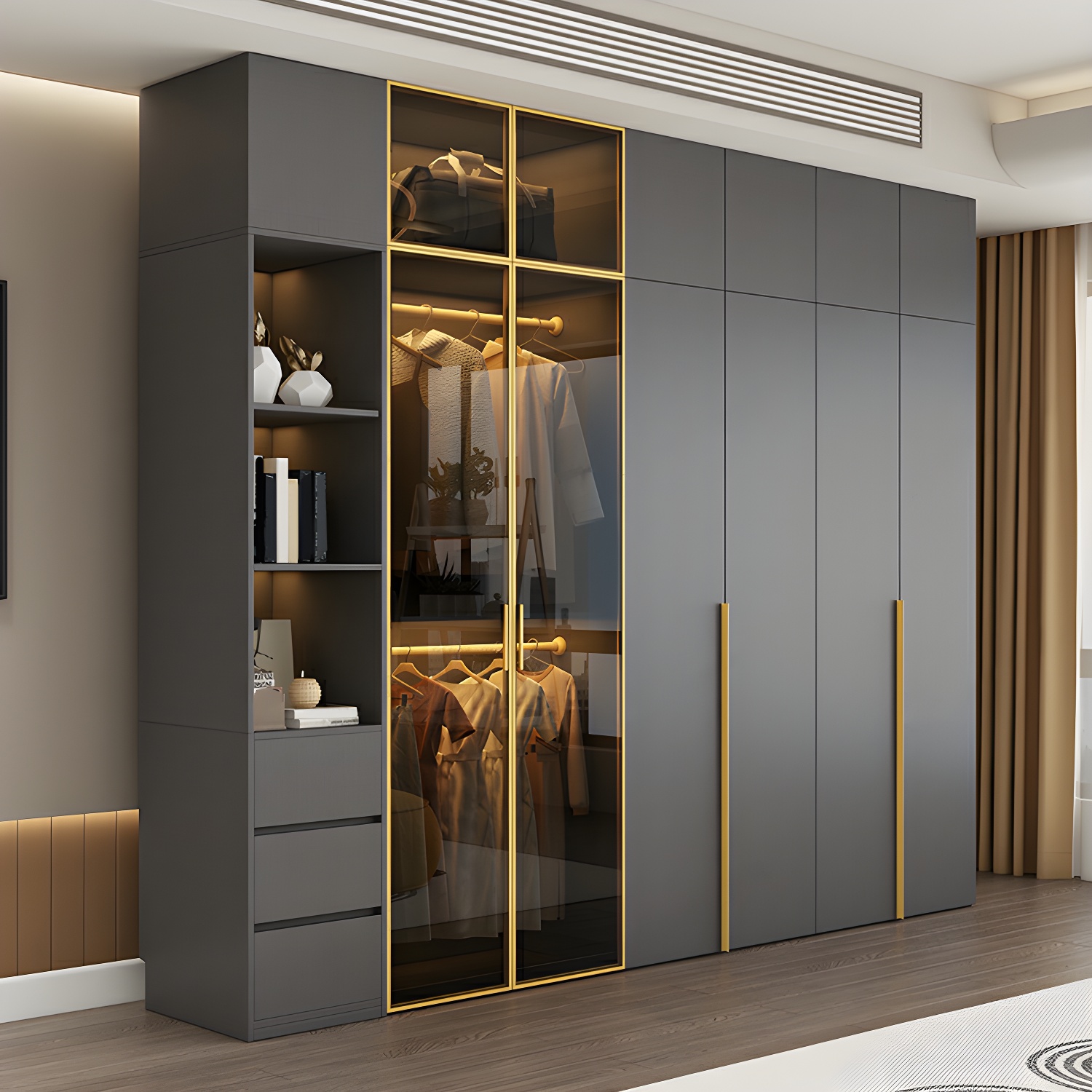 Modern Grey Wood Wardrobe Armoire with Drawers & Adjustable Shelves