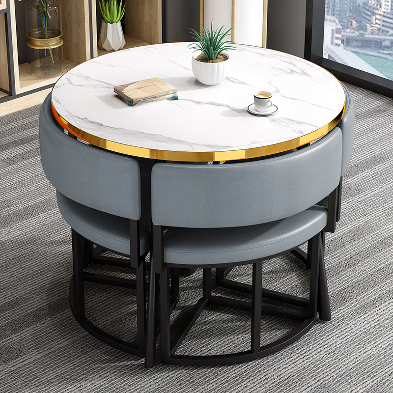 Art Deco Circular-shaped Upholstered Chair Metal & Faux Wood Dining Table Set with Upholstered Back in White, 5 Pieces - image 4
