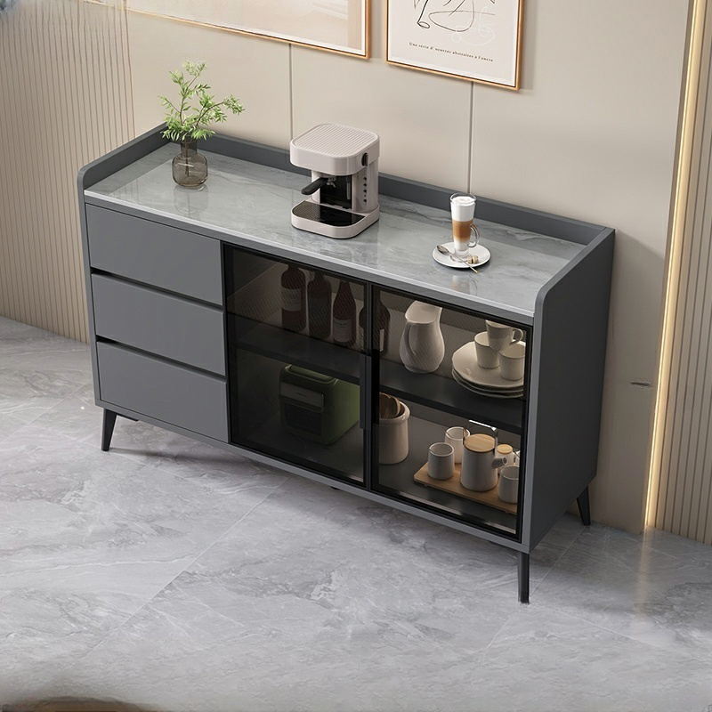 Stone Top Modern Wood Sideboard Credenza with 3 Drawers and Glass Doors - image 2