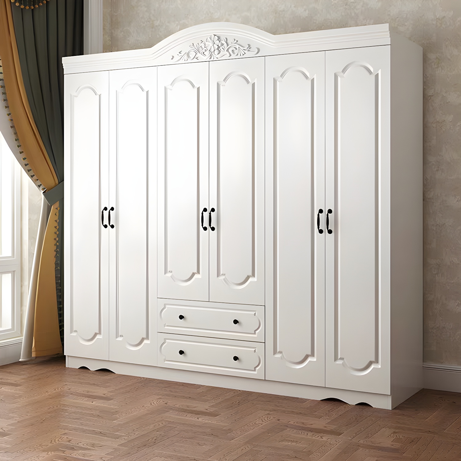 Engineered Wood Cabinet with 2 Drawers French Country White Wardrobe for Home