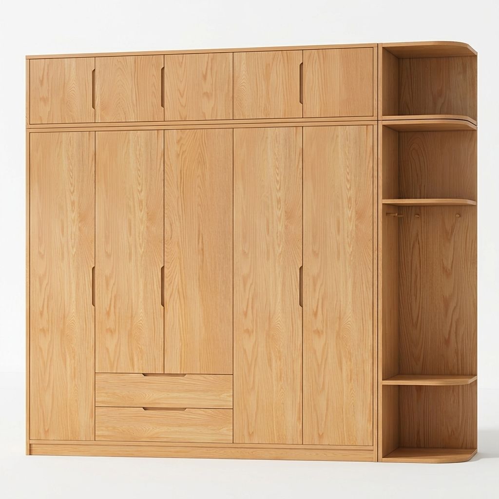 Modern Natural Wood Wardrobe Armoire with Sliding Doors, Drawers, and Shelves - image 99