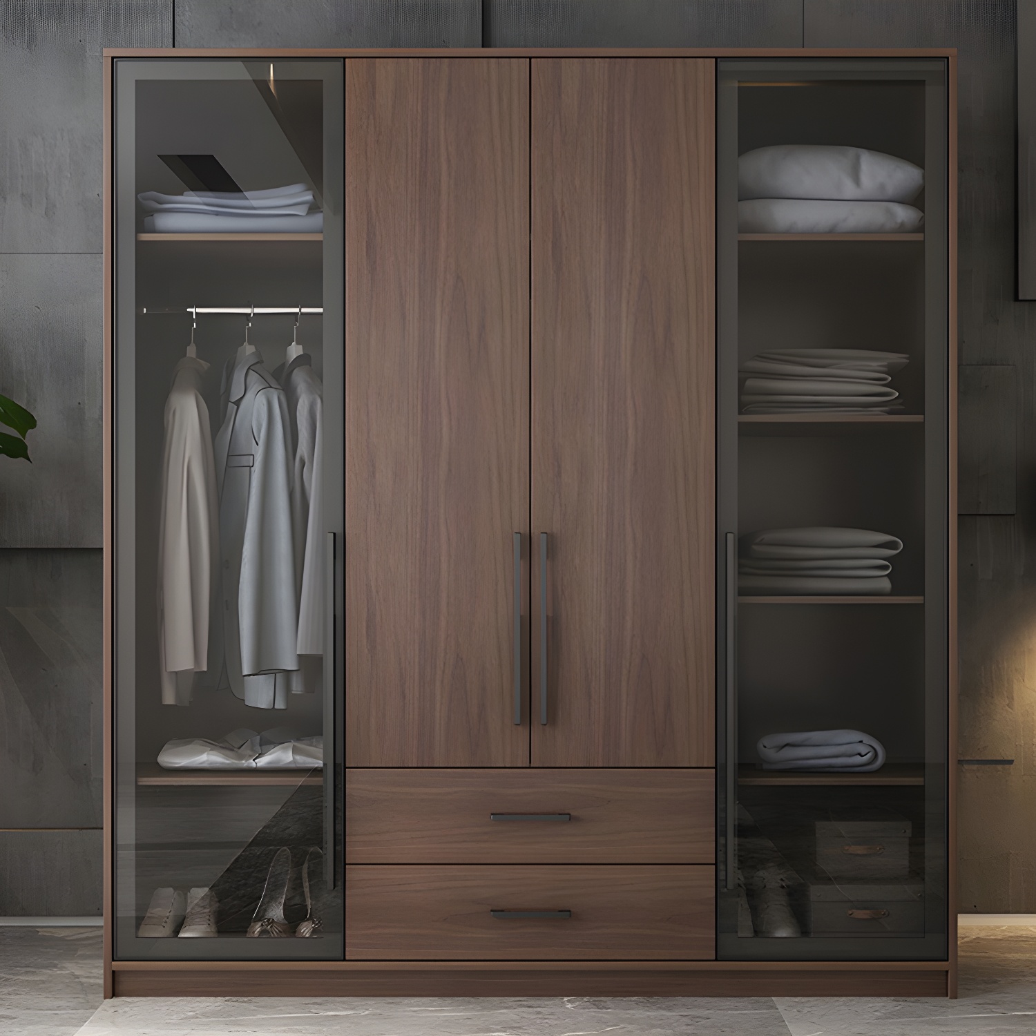 Brown Wood Wardrobe Armoire Modern Freestanding Wardrobe with Self Close Drawers - image 4