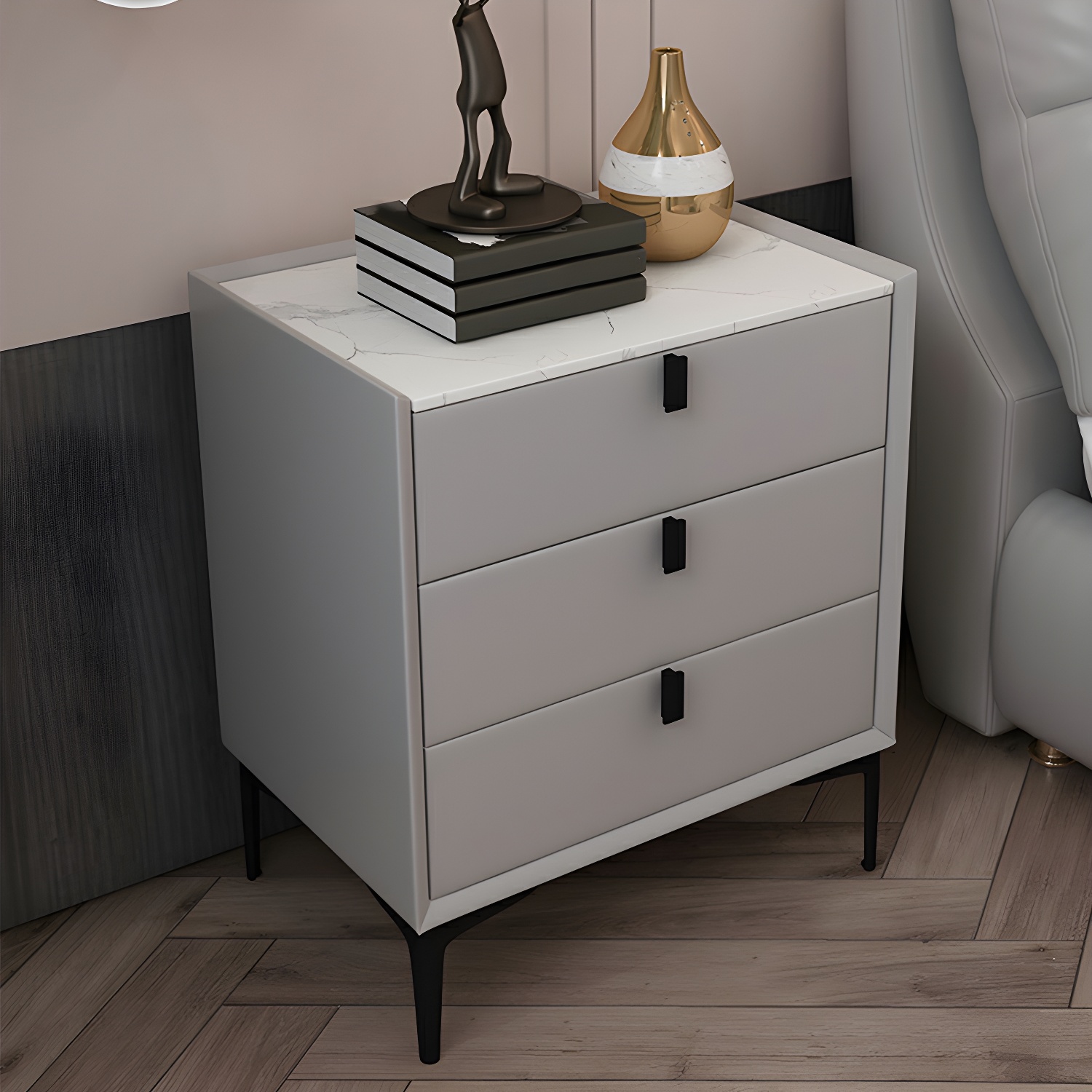 Glam Style Sintered Stone Top 3 Drawers Nightstand for Bedroom - image 7