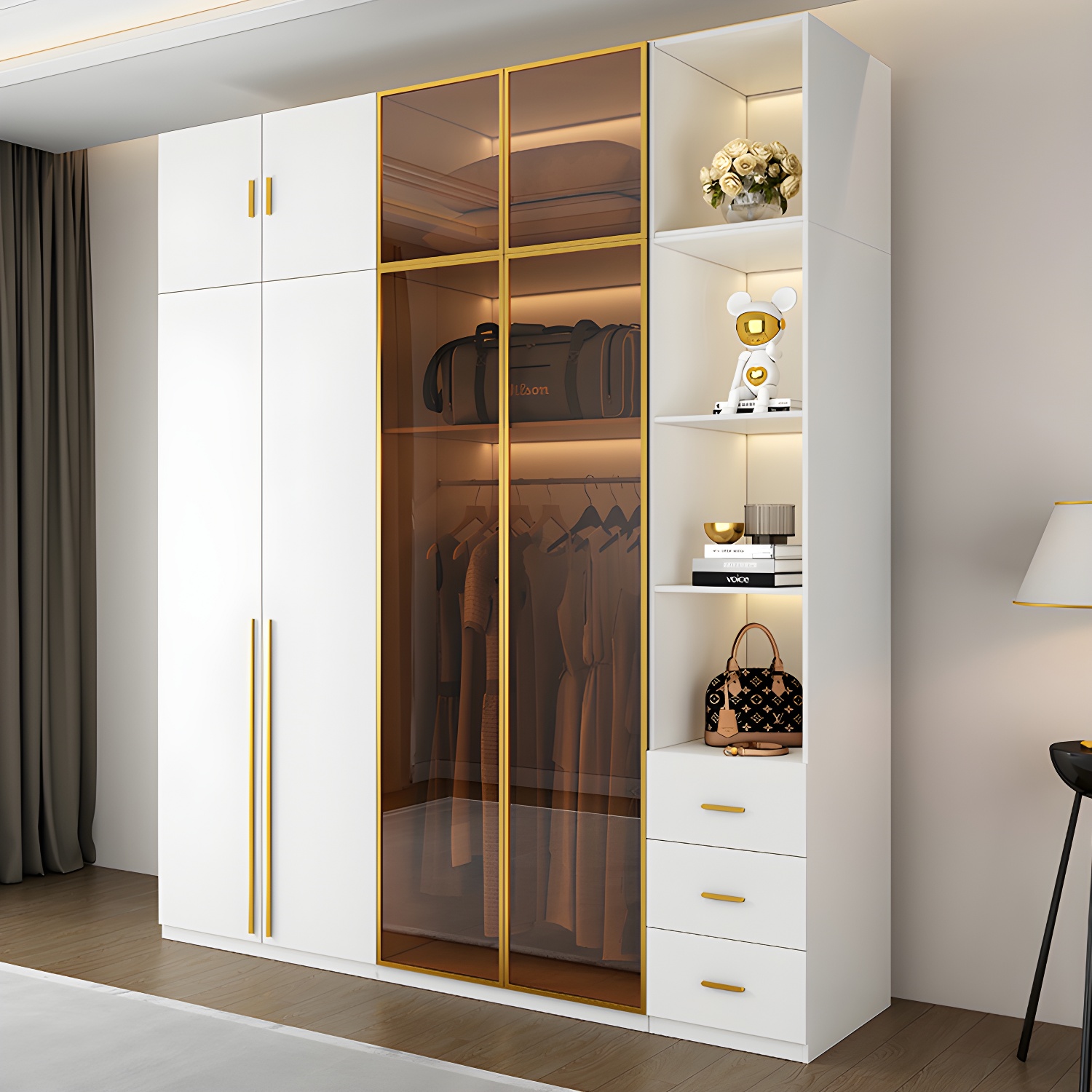 Modern White Wood Frame Wardrobe Armoire Freestanding Wardrobe with Soft Close Drawers - image 3